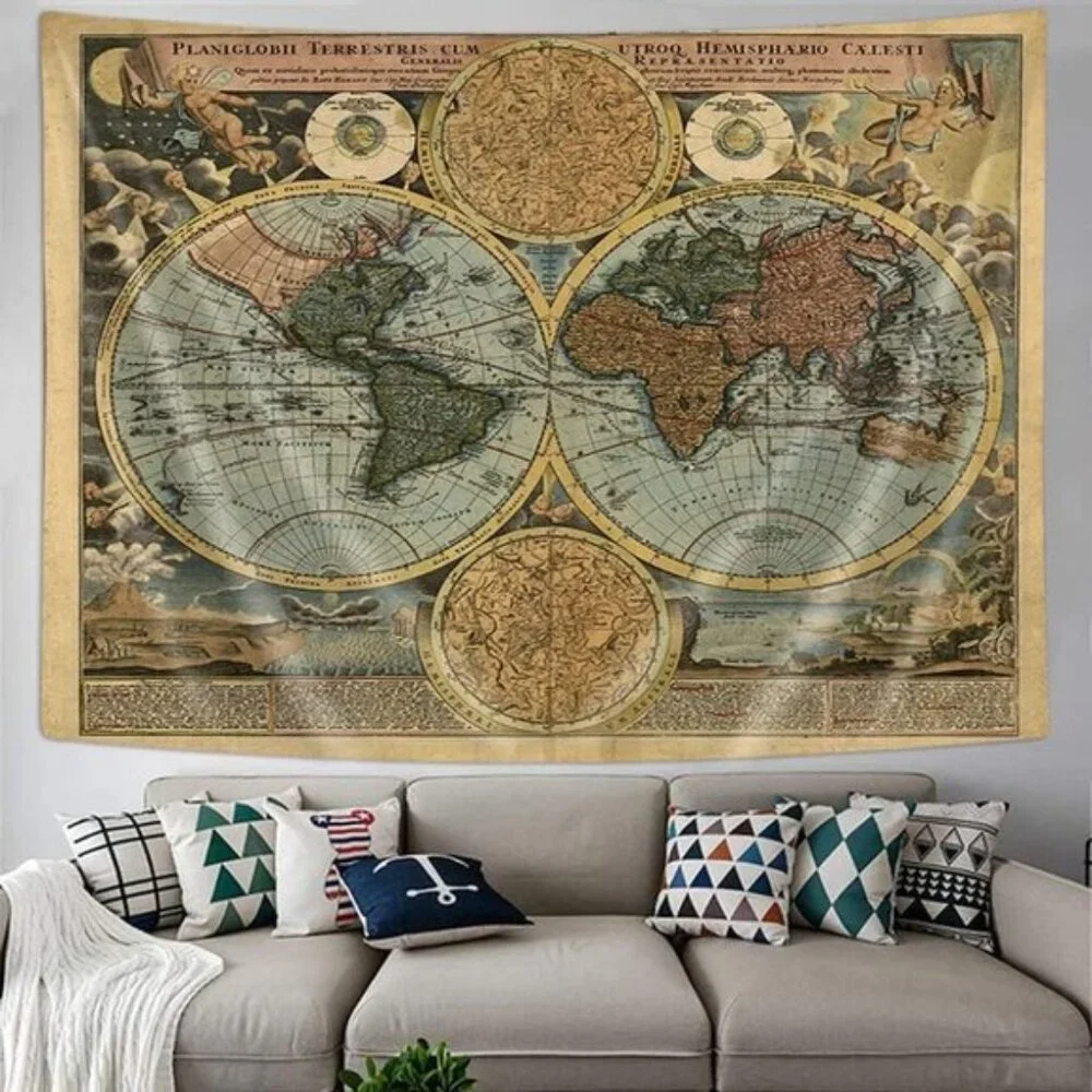 New Vintage World Map Tapestry, Retro Nautical Wall Art for Home & Room Decor